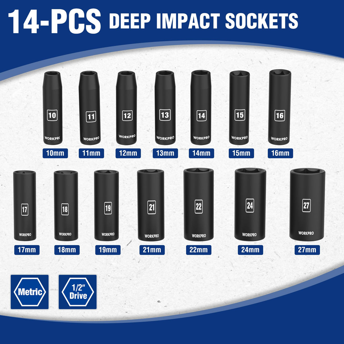 Laser-etched size marks on WORKPRO sockets for quick size identification during repairs