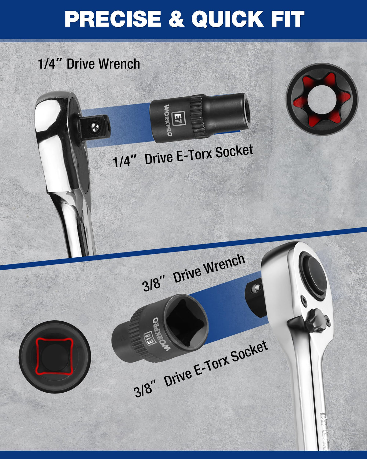 WORKPRO laser-marked torx socket sizes E4 to E8 for quick identification