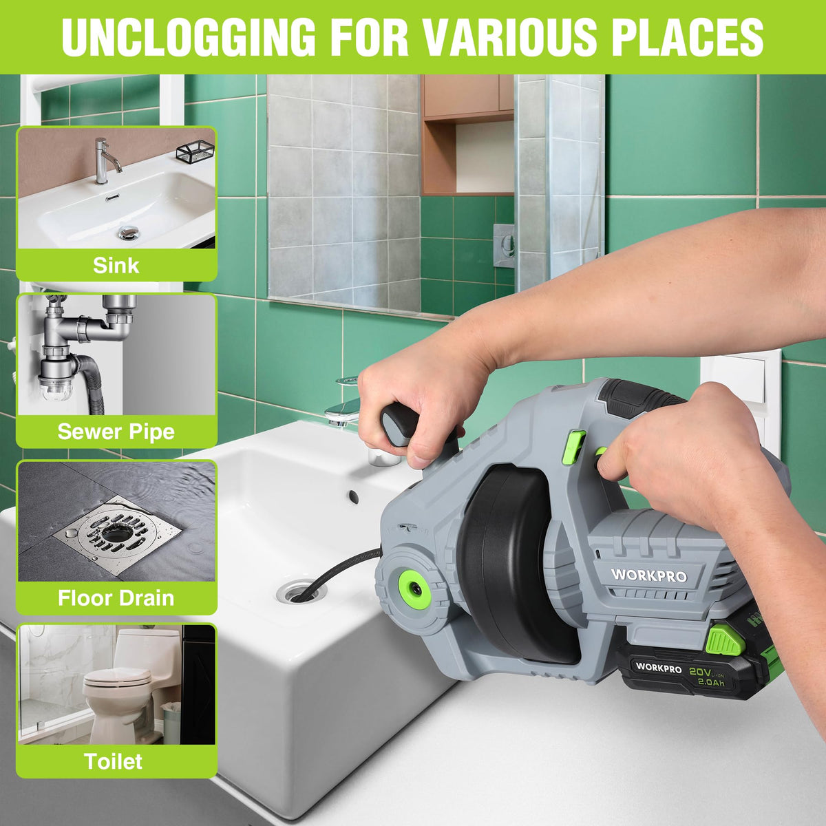 WORKPRO LED work light illuminating a drain area for precise cleaning.