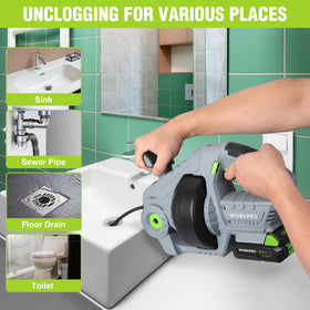 WORKPRO LED work light illuminating a drain area for precise cleaning.