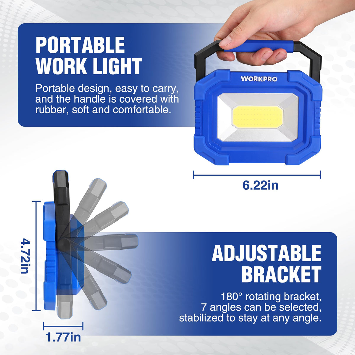 WORKPRO LED Work Light with USB-C rechargeable power for easy recharging on the go