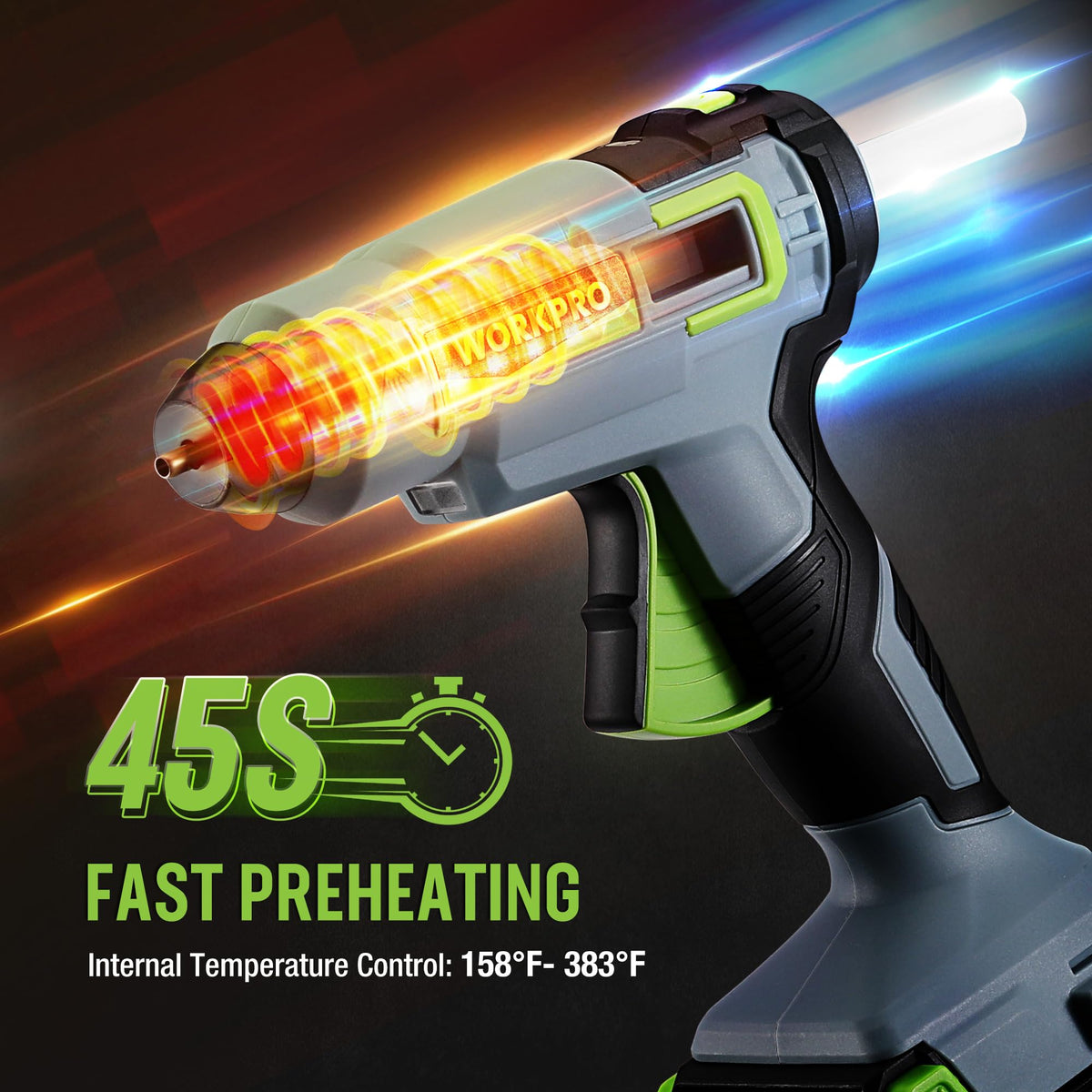 LED light on WORKPRO glue gun for better visibility during use.