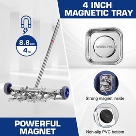 WORKPRO lightweight magnet sweeper with smooth wheels glides over gravel and grass.