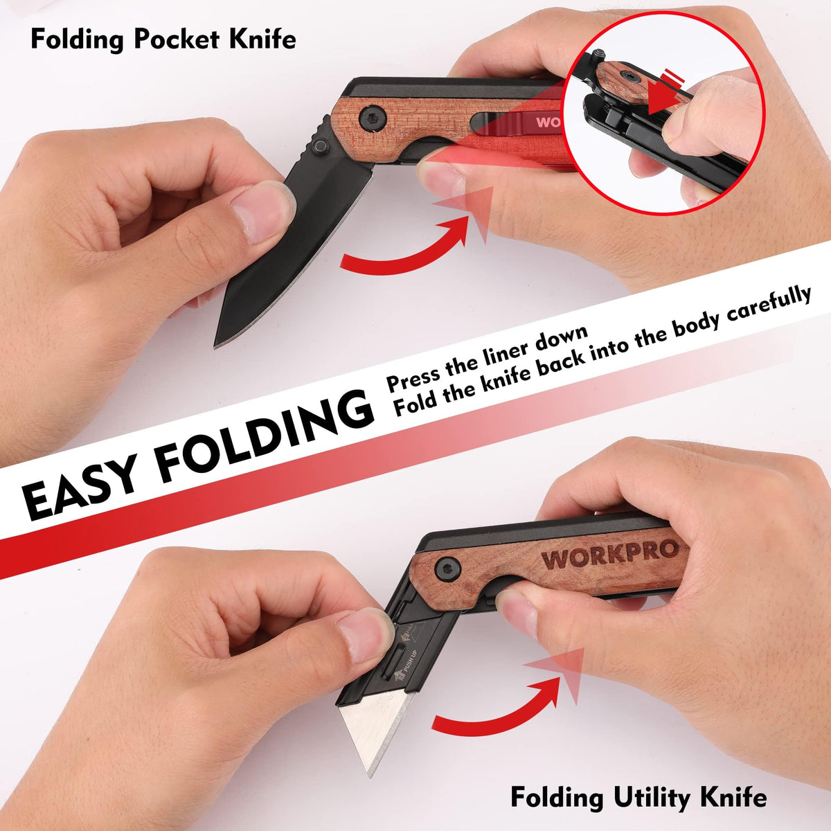 WORKPRO liner lock keeps blade secure during use