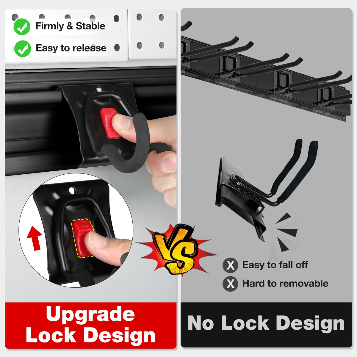 WORKPRO lock-design hooks securing to rails with easy release