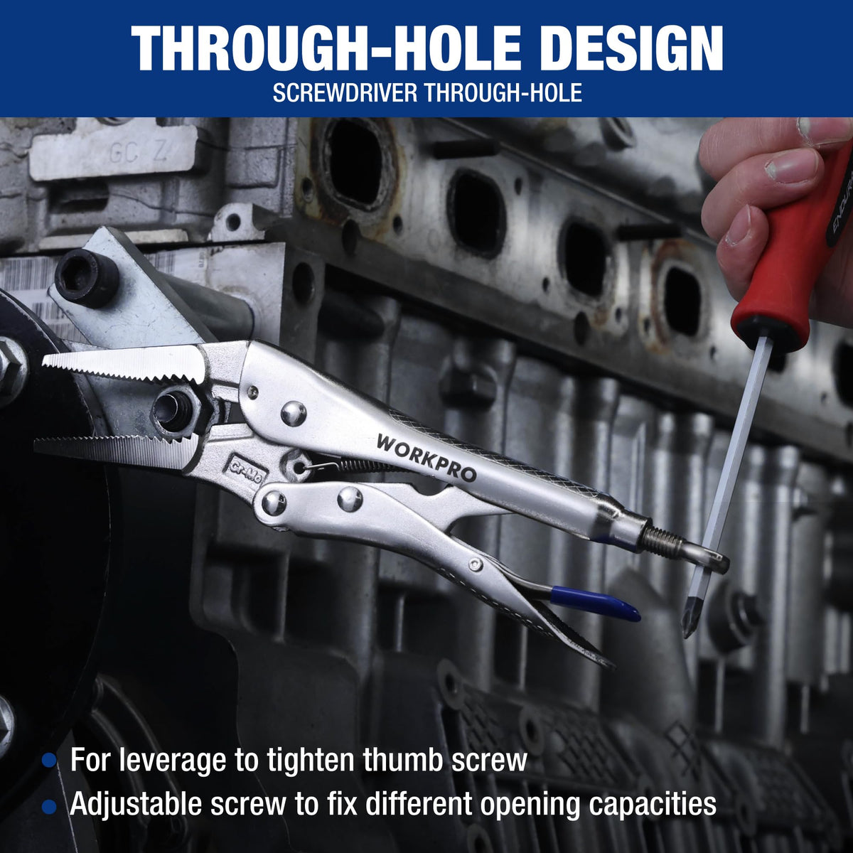 WORKPRO locking pliers 10-inch curved jaw reach larger grips with stability.