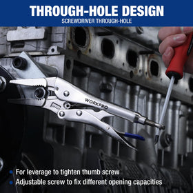 WORKPRO locking pliers 10-inch curved jaw reach larger grips with stability.