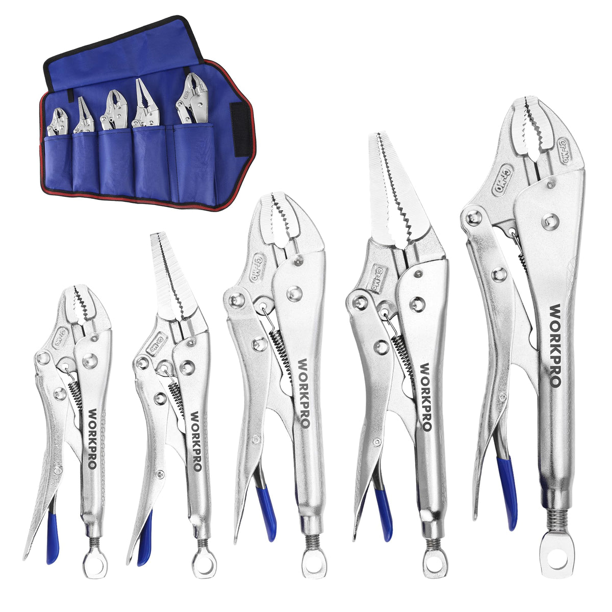 WORKPRO locking pliers 5-inch curved jaw provide secure grip on rounded objects.