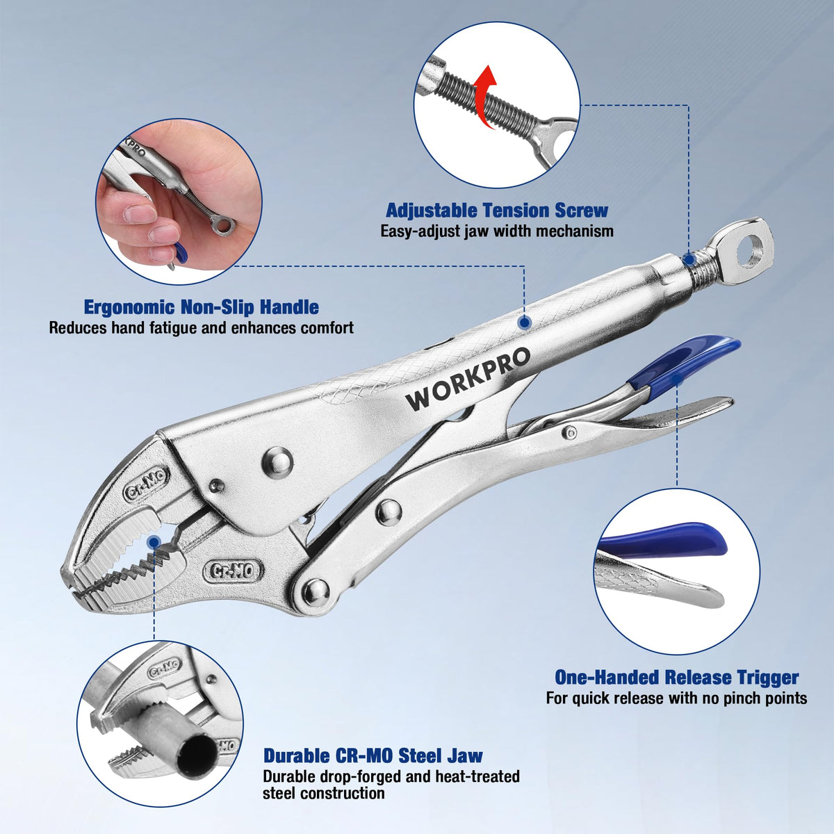 WORKPRO locking pliers 7-inch curved jaw for versatile automotive tasks.