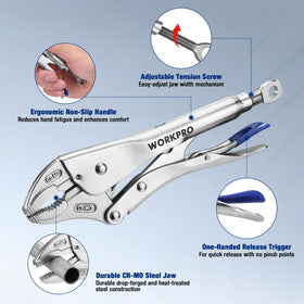 WORKPRO locking pliers 7-inch curved jaw for versatile automotive tasks.