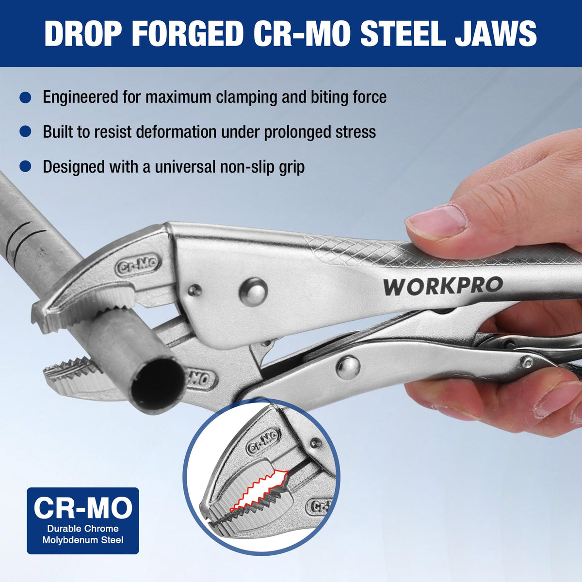 WORKPRO locking pliers with adjustable screw for precise opening control.