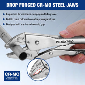 WORKPRO locking pliers with adjustable screw for precise opening control.