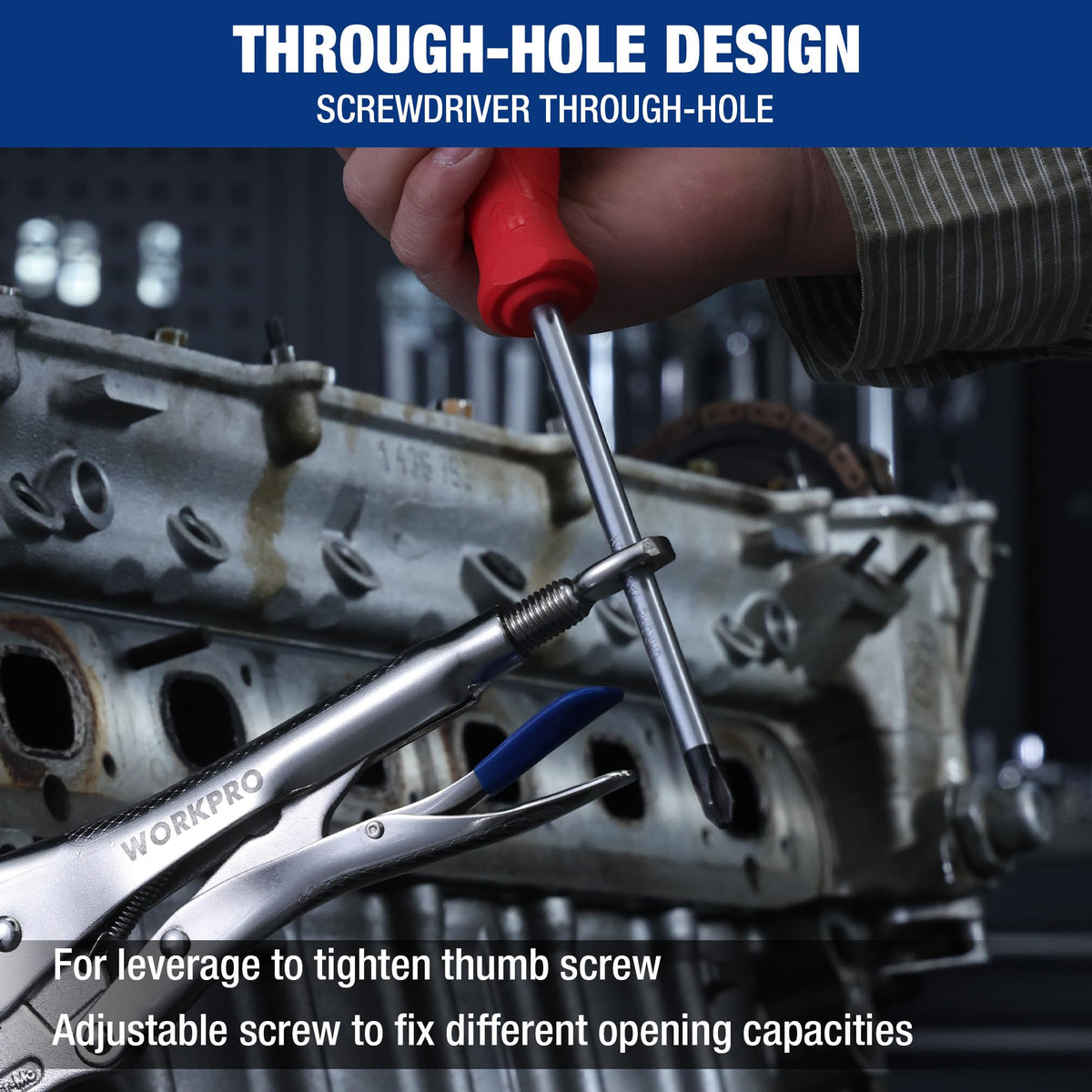 WORKPRO locking pliers with CR-MO steel construction for durability in demanding tasks.