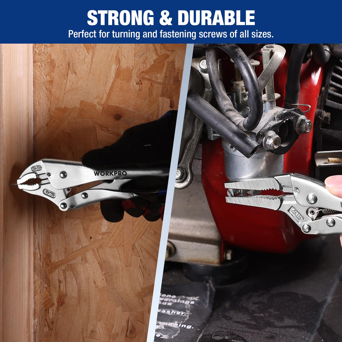 WORKPRO locking pliers with nickel-plated finish resisting rust and corrosion.