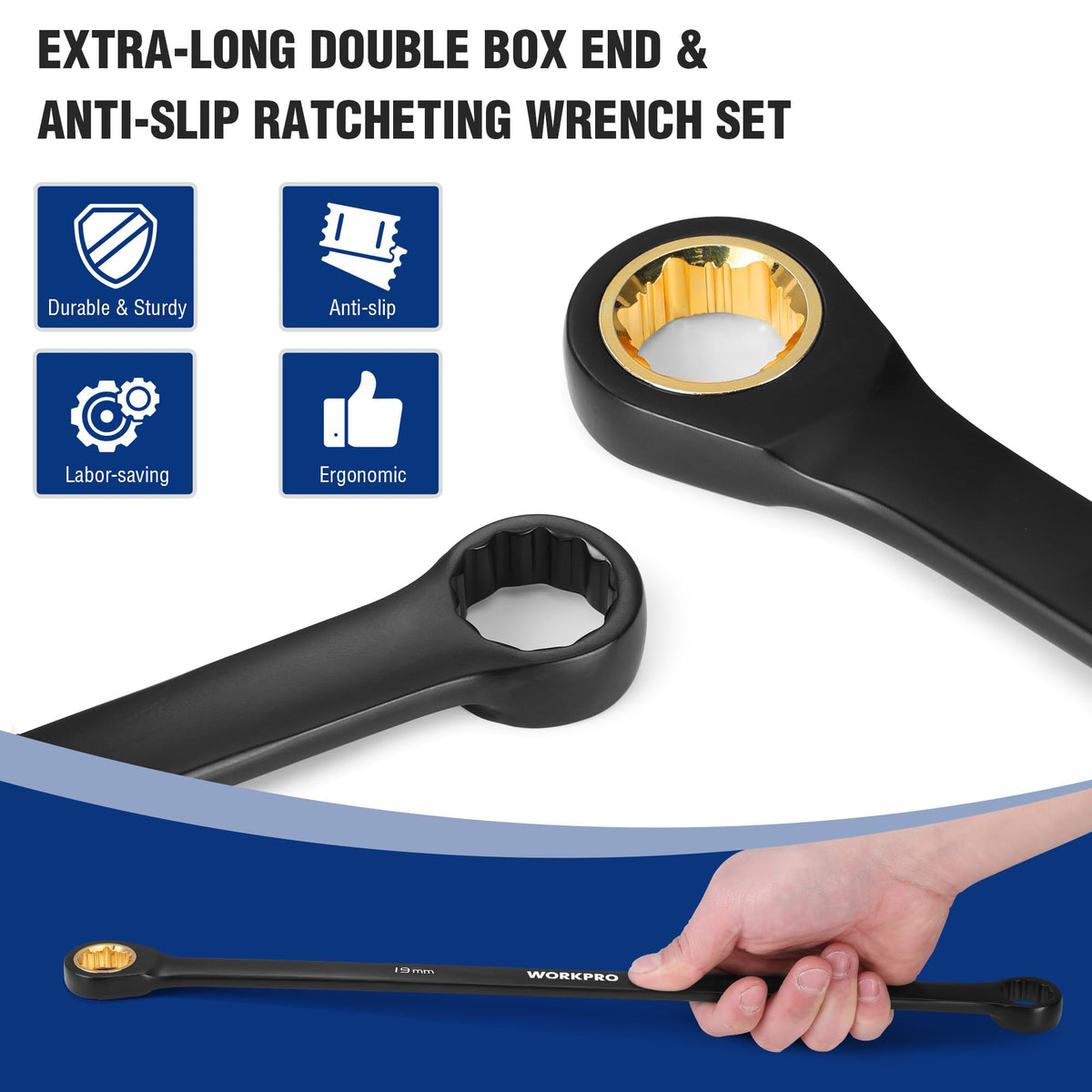 WORKPRO long handle offers extra torque for hard-to-reach bolts.