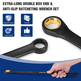 WORKPRO long handle offers extra torque for hard-to-reach bolts.