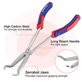 WORKPRO long-reach 11-inch pliers extend into tight spaces for components.