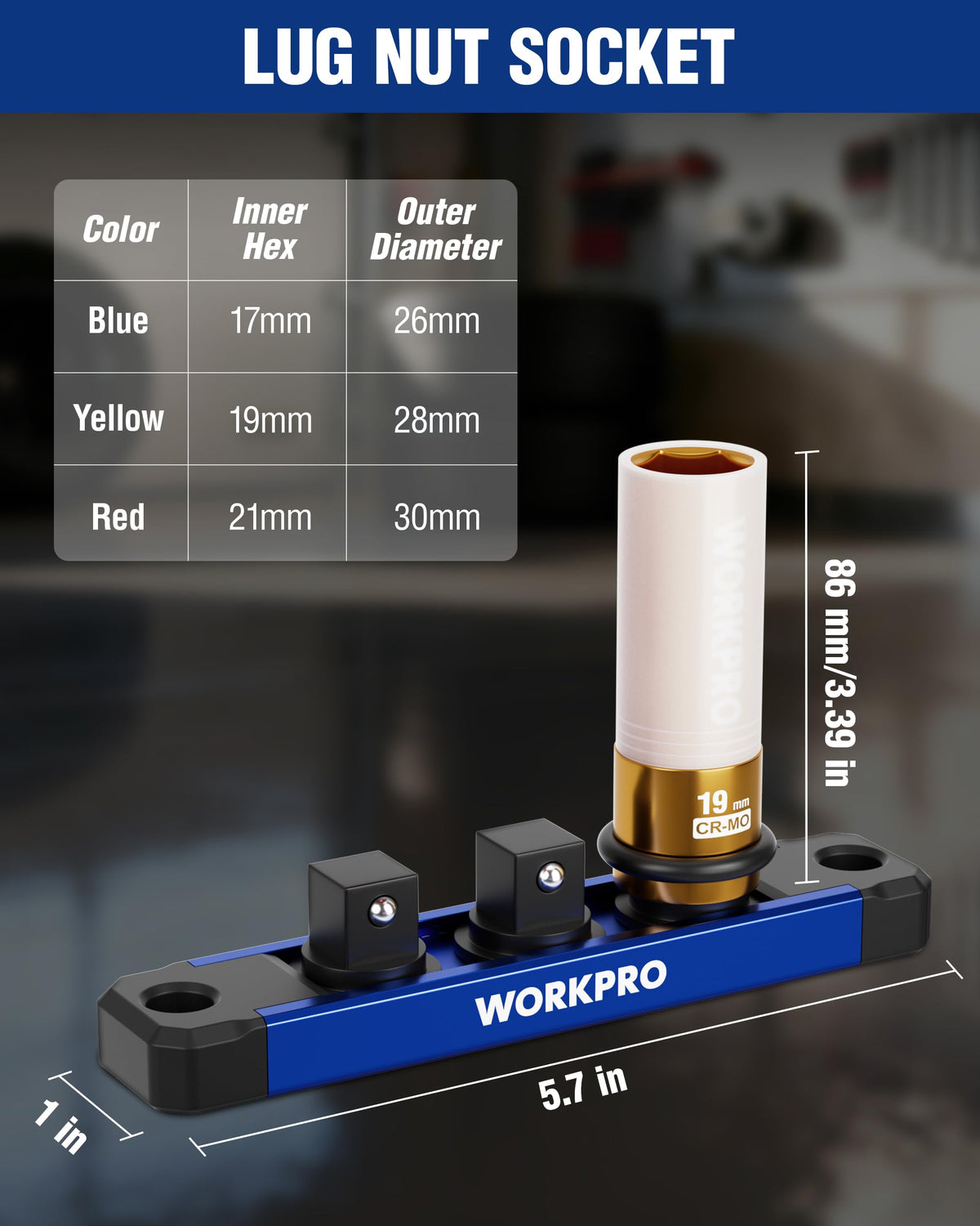 WORKPRO 19mm lug nut socket designed for confined wheel wells.