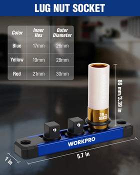 WORKPRO 19mm lug nut socket designed for confined wheel wells.