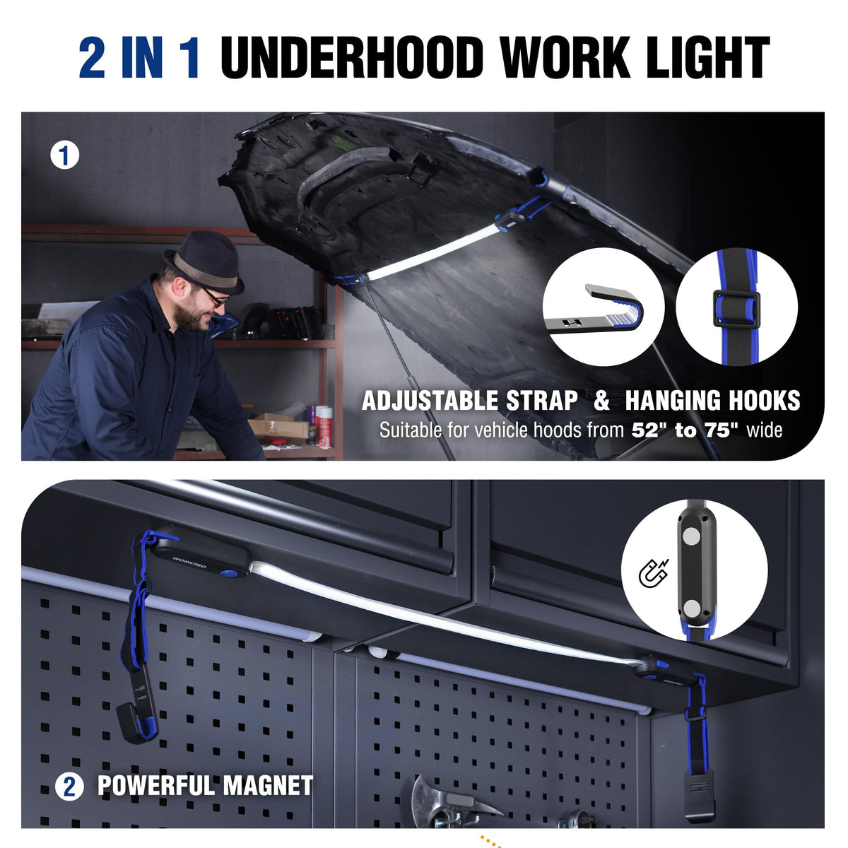WORKPRO magnetic base and hooks enable hands-free positioning.