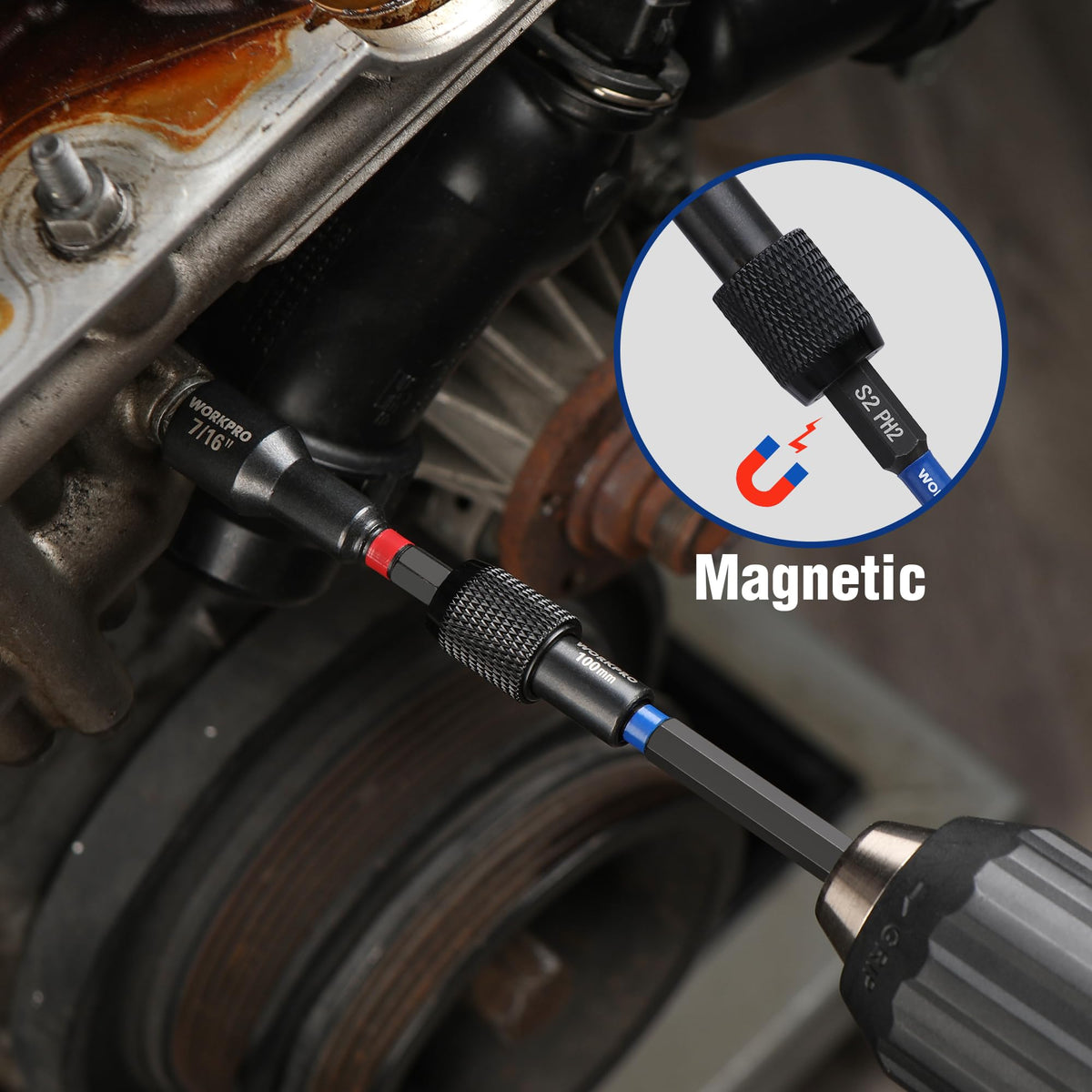 WORKPRO magnetic bit holder keeps bits organized and ready.