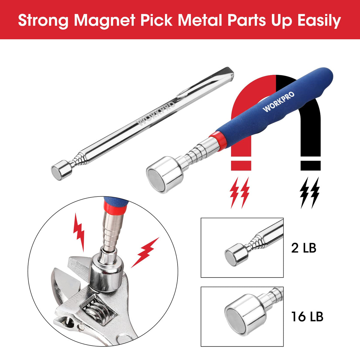 WORKPRO magnetic pickup tool 16lb heavy-duty for metal parts