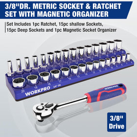 WORKPRO magnetic socket organizer showing tidy storage with soft rubber base.