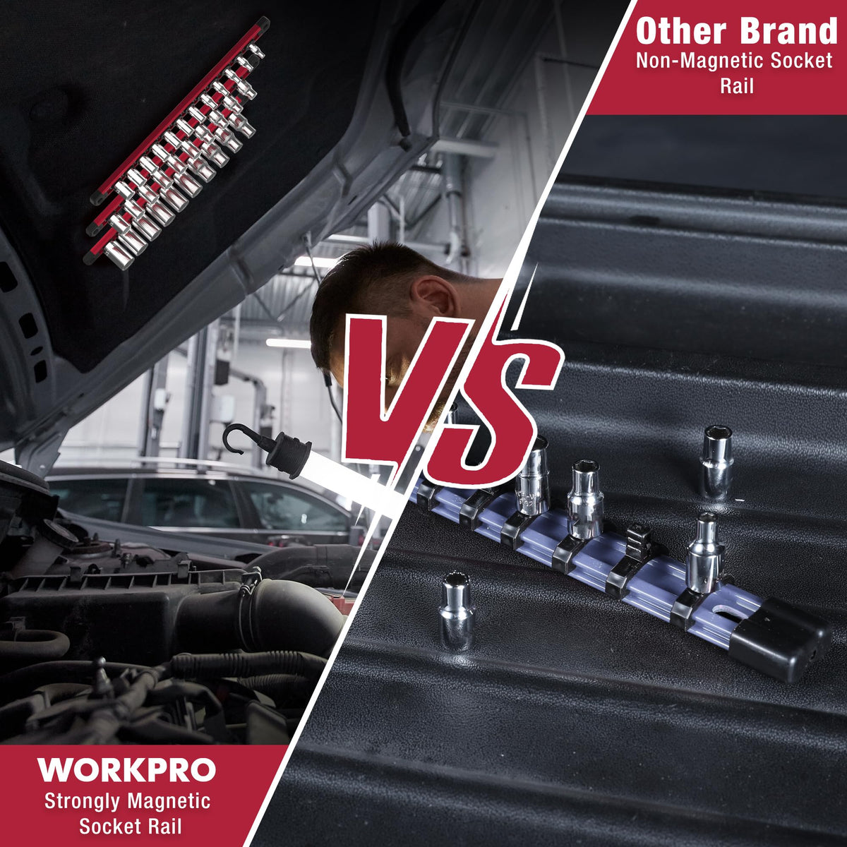 WORKPRO magnetic socket rail with 1/2-inch clips adds capacity for larger sockets.