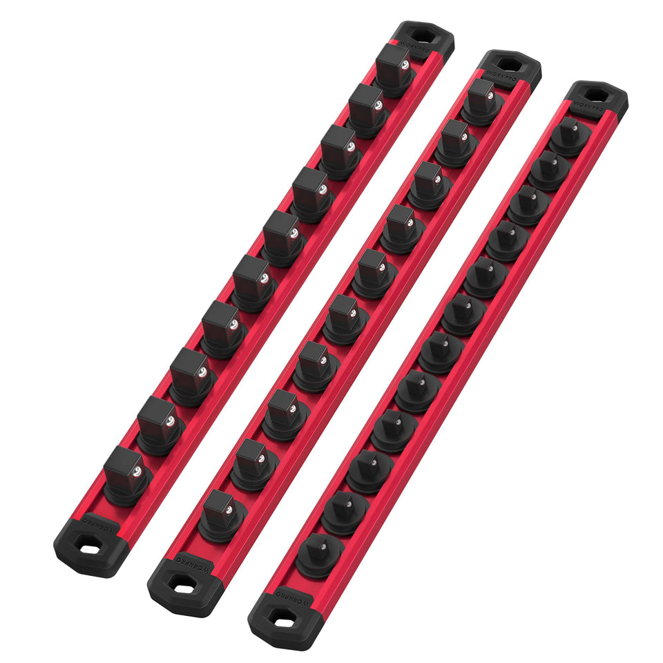 WORKPRO magnetic socket rail with 1/4-inch clips keeps sockets secure and organized.