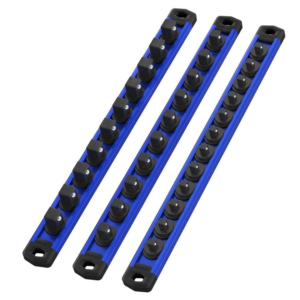 WORKPRO magnetic socket rail securely holds sockets on metal surfaces