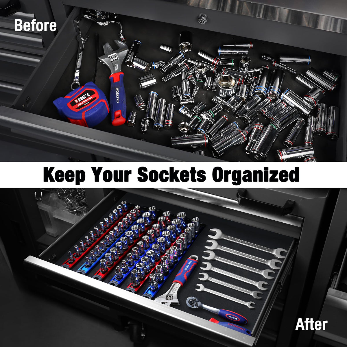 WORKPRO magnetic socket rail clip closeup highlights secure spring-loaded clips for sockets.