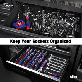 WORKPRO magnetic socket rail clip closeup highlights secure spring-loaded clips for sockets.