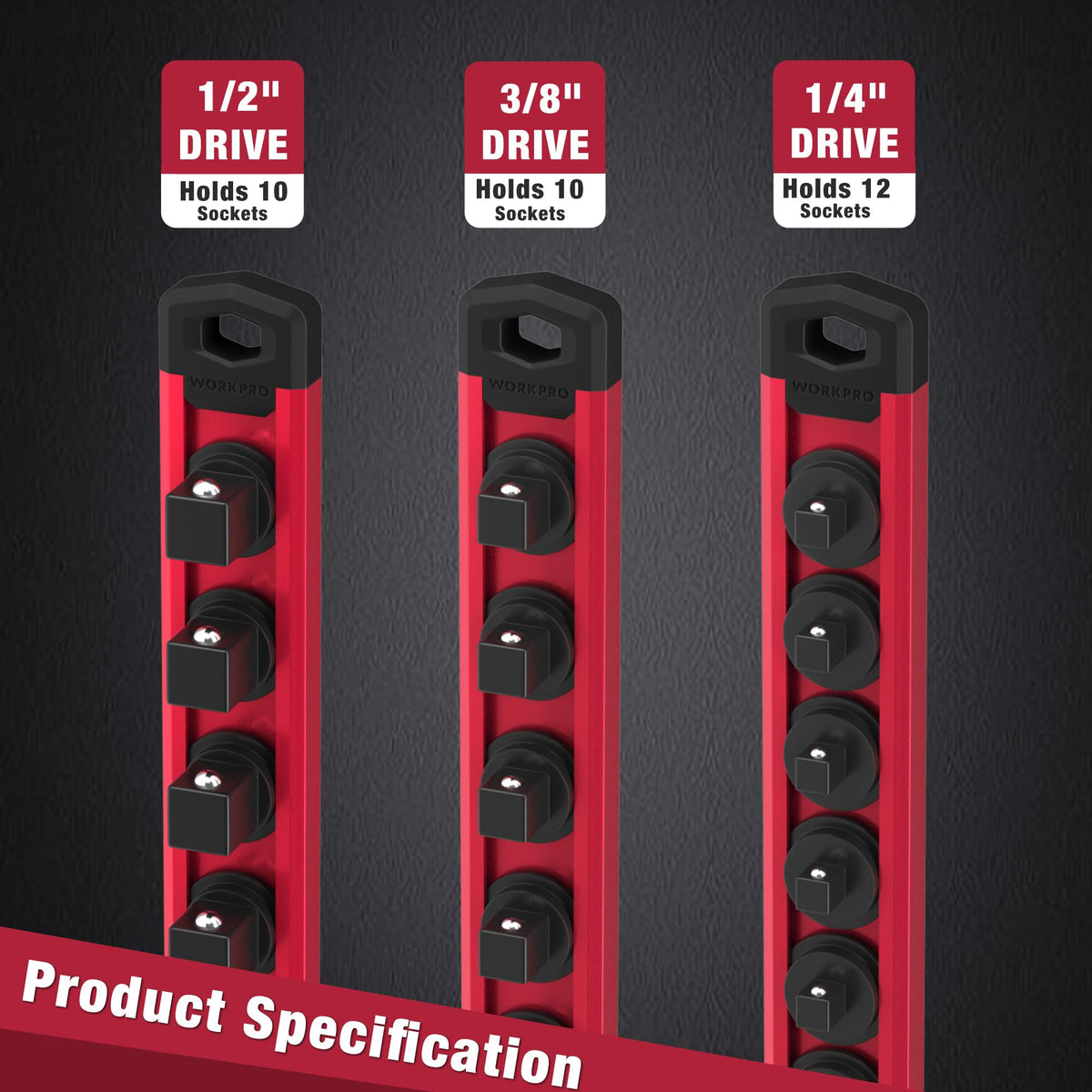 WORKPRO magnetic rail keeps sockets in place and ready for use on any steel surface.