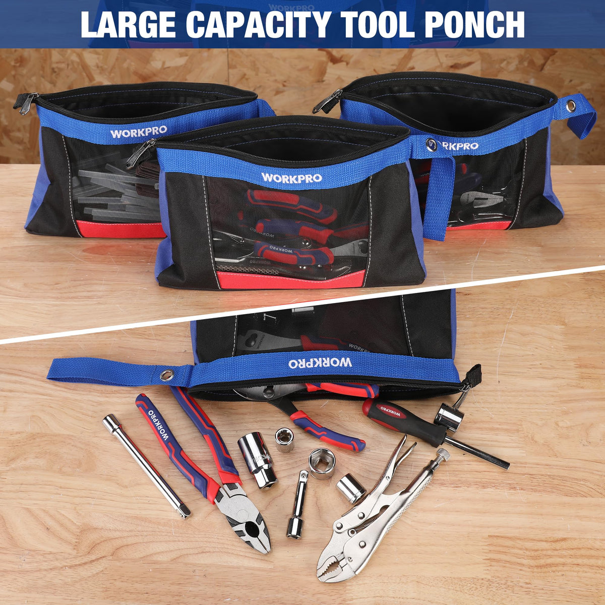 WORKPRO mesh-side tool pouch displaying contents visibility