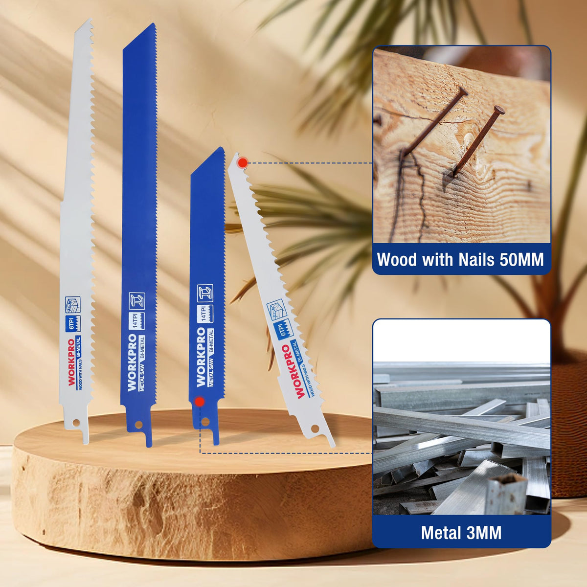 WORKPRO metal blade 14TPI delivers clean cuts in metal up to 3mm.