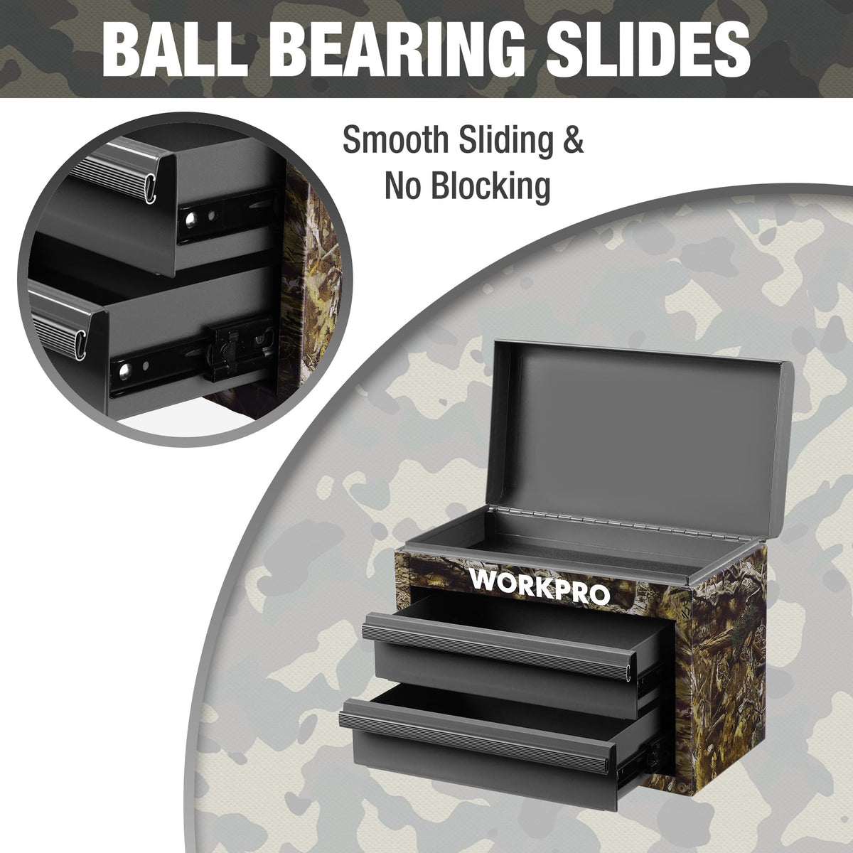 WORKPRO Metal Mini Tool Box ball bearing slides deliver smooth operation