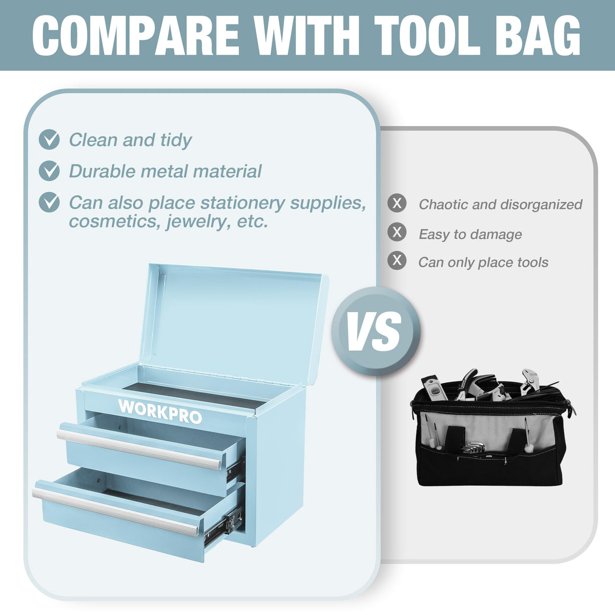 WORKPRO Metal Mini Tool Box with four non-slip feet protects surfaces during use