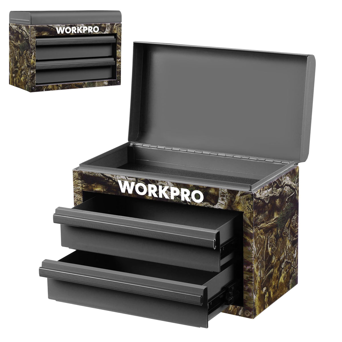 WORKPRO Metal Mini Tool Box top compartment for quick tool access