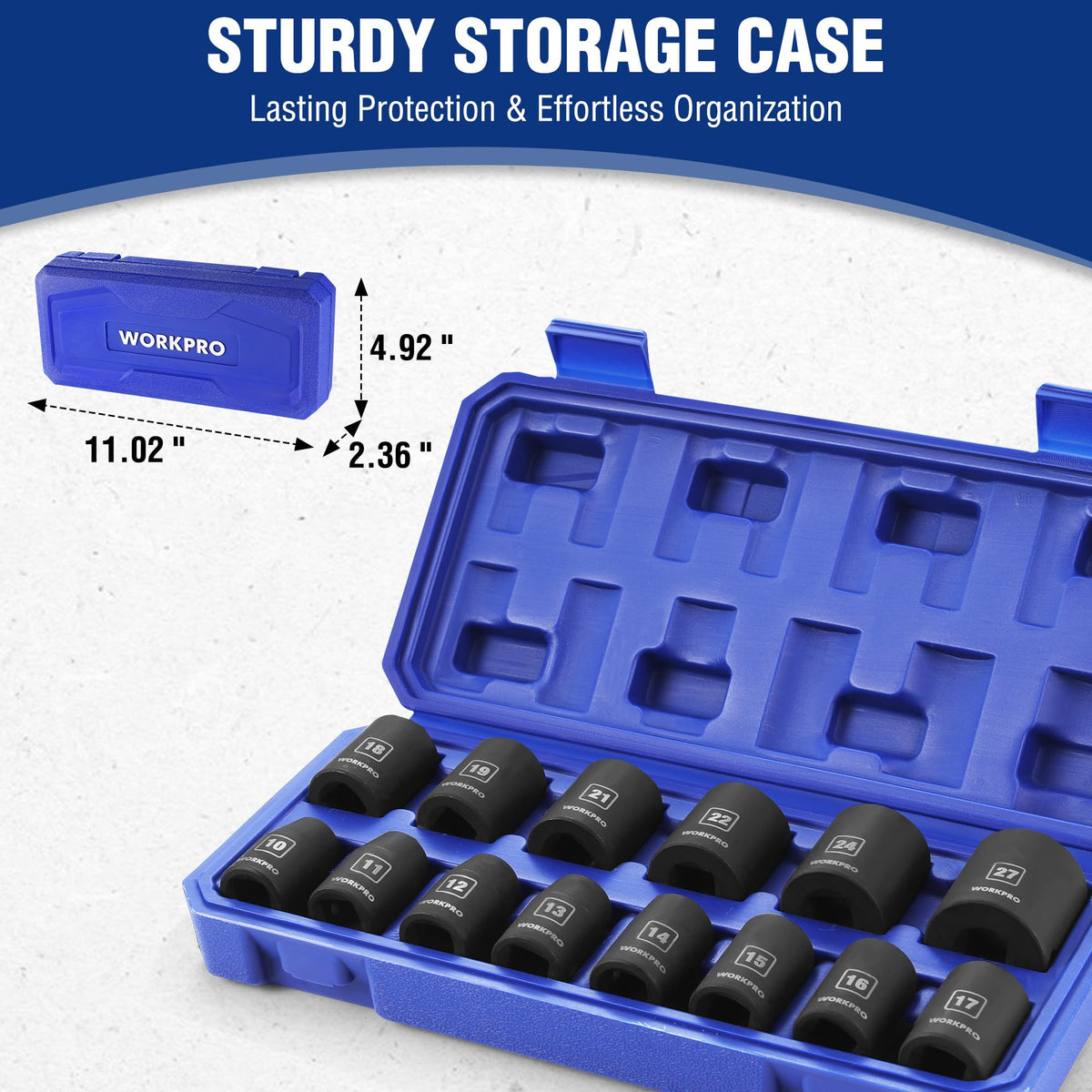 WORKPRO metric range from 10 to 27 mm covers common automotive fasteners.