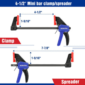 WORKPRO Mini Bar Clamps 6-inch spreader demonstrates extended reach for panels
