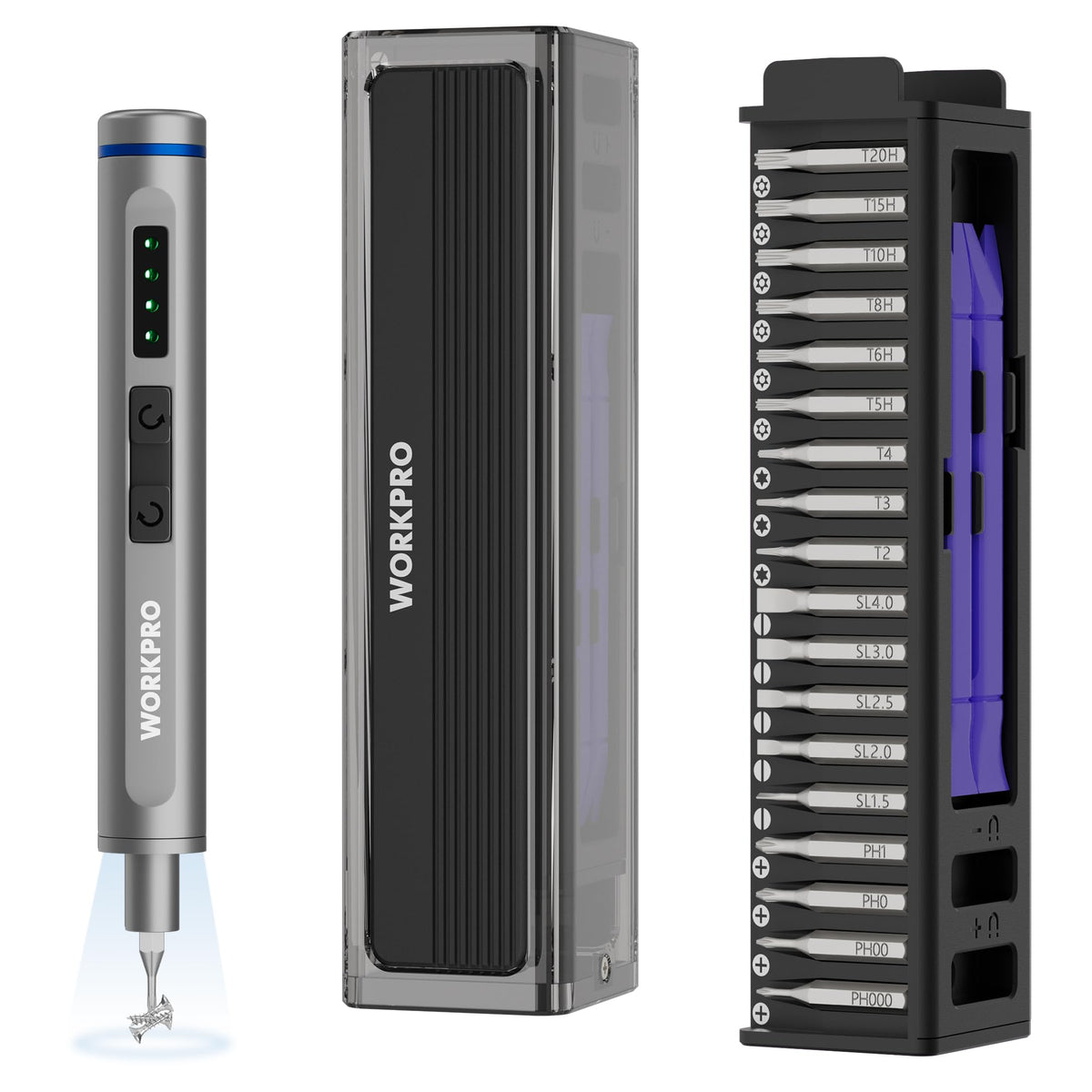 WorkPro mini electric screwdriver with magnetizer case for precise, hassle-free small repairs.