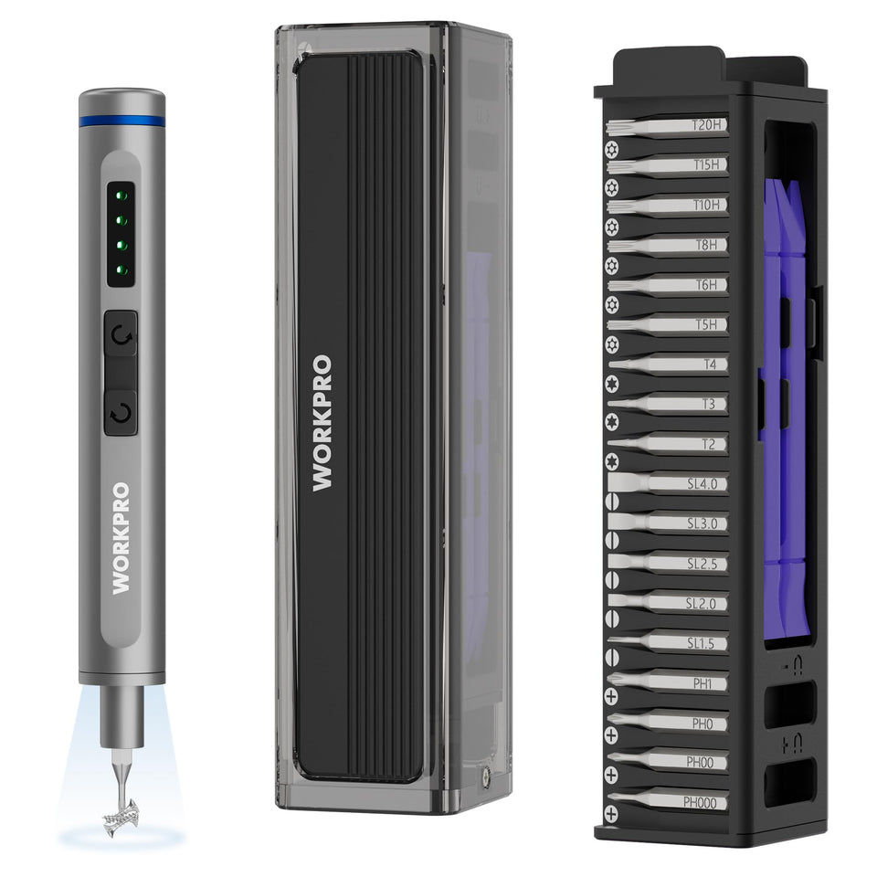 WorkPro mini electric screwdriver with magnetizer case for precise, hassle-free small repairs.