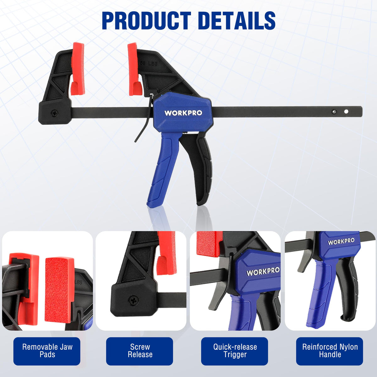 WORKPRO mini F-clamp demonstrates quick-release for fast one-handed adjustments.
