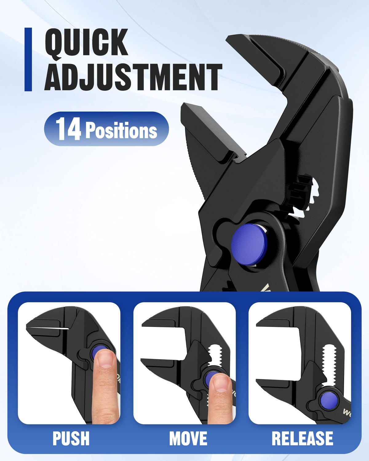 WORKPRO Pliers Wrench close-up shows parallel jaws protecting delicate chrome surfaces.
