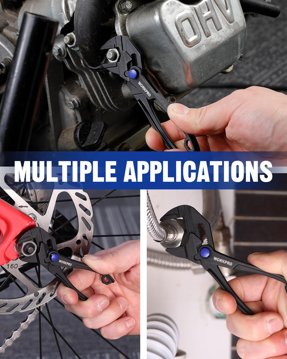 WORKPRO Plumbing task using mini wrench for small fittings.