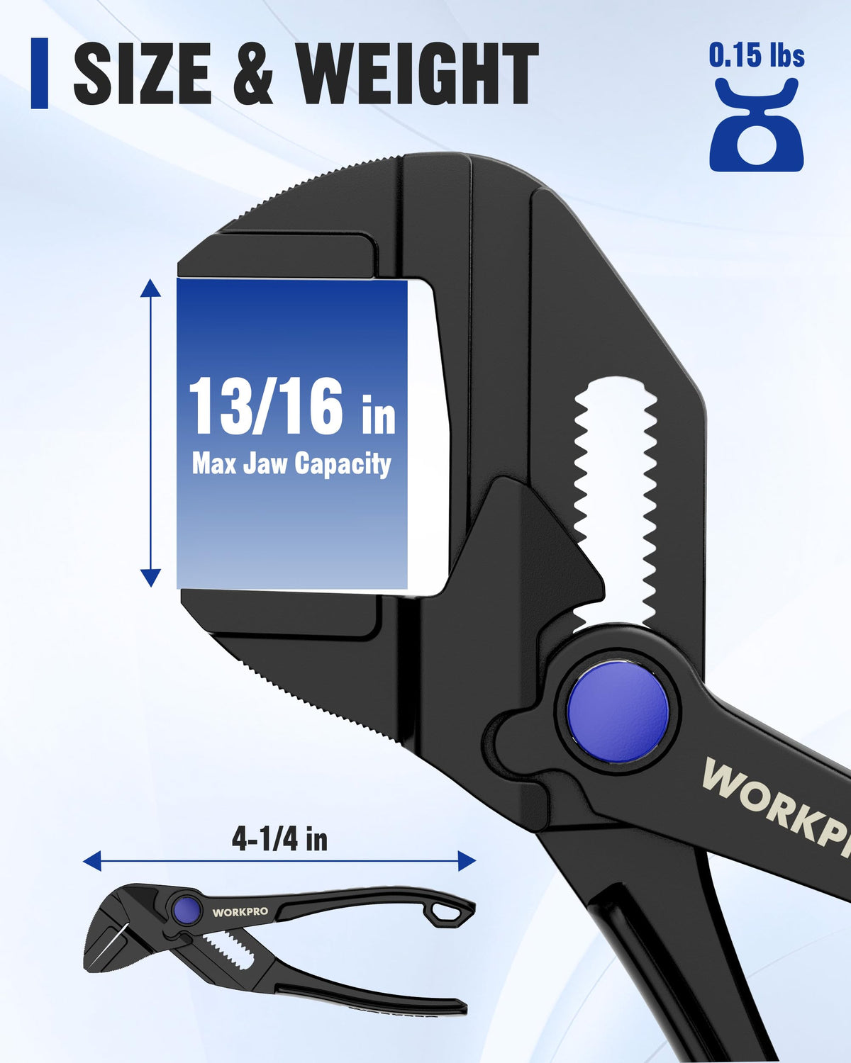 WORKPRO Mini Pliers Wrench quick-adjust mechanism enables fast resizing for various fasteners.