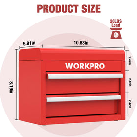 WORKPRO mini tool box drawer-open view highlights two-drawer organization