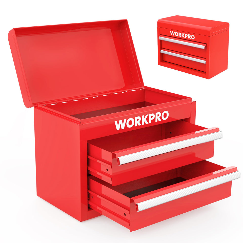 WORKPRO mini tool box front view shows a compact steel body for easy storage