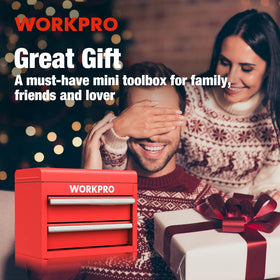 WORKPRO mini tool box in a home workshop setup shows versatile storage options