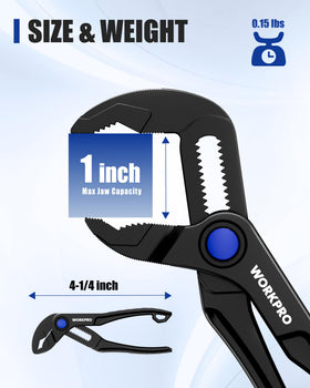 WORKPRO Mini Water Pump Pliers adjustment button enables quick sizing